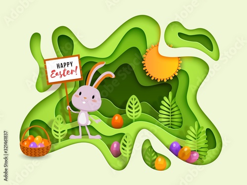 Happy Easter 3d papercut layered design with funny rabbit, Easter eggs, basket, stylized plants, wavy multilayered effect. Vector illustration for website, poster, promotion, ad, coupon, banner, flyer