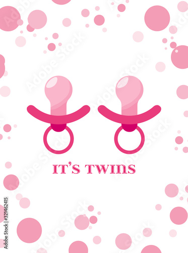 Two pink soothers for shower invitation. It's a twins poster