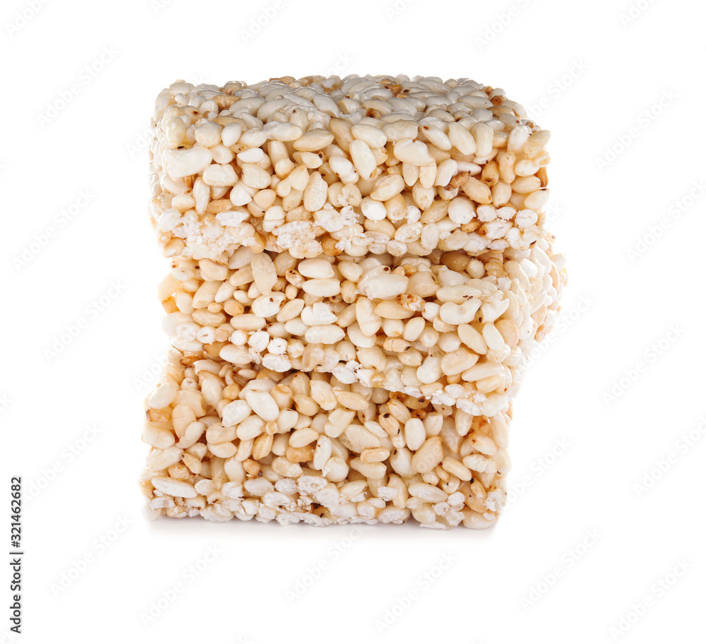 Delicious rice crispy treats isolated on white Delicious rice crispy treats isolated on white