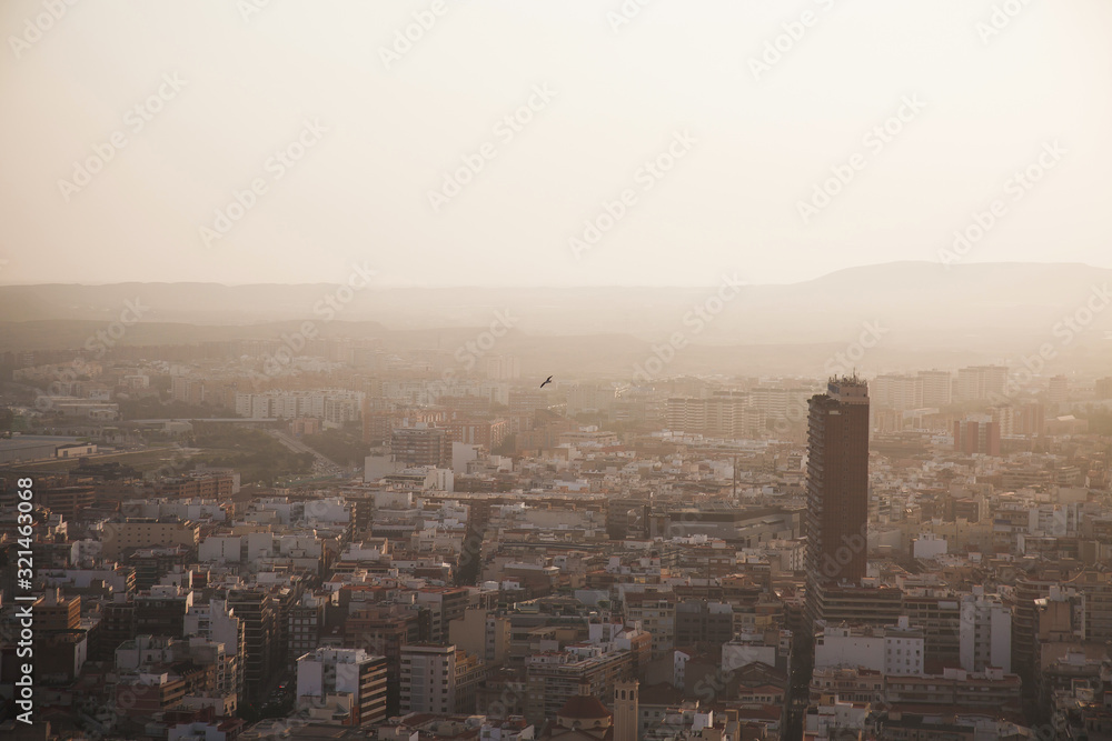 Alicante city and port panorama in haze at sunset in September, lonely bird flies over the city 