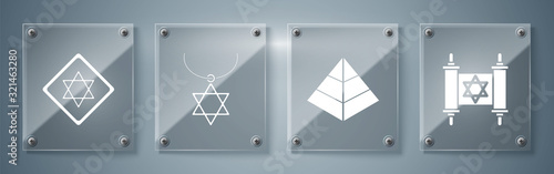 Set Torah scroll, Egypt pyramids, Star of David necklace on chain and Star of David. Square glass panels. Vector