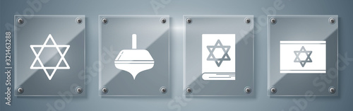 Set Flag of Israel, Jewish torah book, Hanukkah dreidel and Star of David. Square glass panels. Vector
