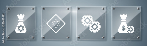 Set Jewish money bag with star of david and coin, Jewish coin, Star of David and Jewish money bag with star of david. Square glass panels. Vector
