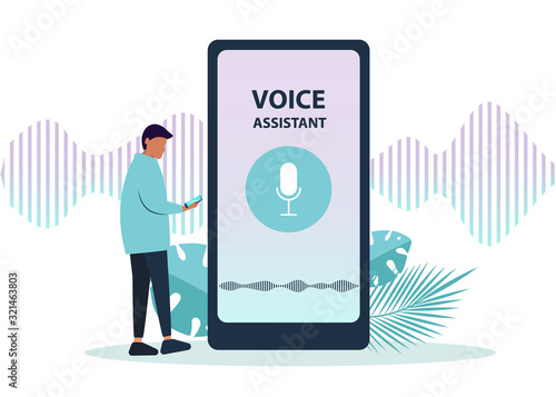 Male character using voice control for his phone. Isolated vector illustration of voice remote with character and phone