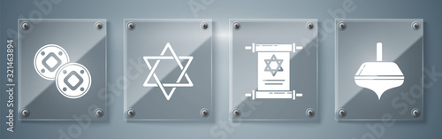 Set Hanukkah dreidel, Torah scroll, Star of David and Jewish coin. Square glass panels. Vector