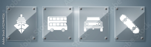 Set Skateboard, Off road car, Double decker bus and Cargo ship. Square glass panels. Vector