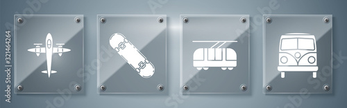 Set Retro minivan, Tram and railway, Skateboard and Old retro vintage plane. Square glass panels. Vector