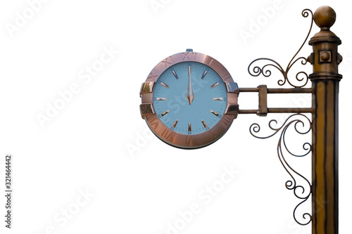 Street clock isolated on white background. Classic style streeet clock. 12 o'clock.