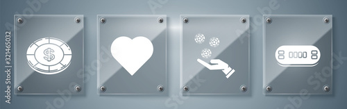 Set Poker table, Hand holding casino chips, Playing card with heart symbol and Casino chip with dollar symbol. Square glass panels. Vector