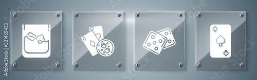 Set Playing card with spades symbol, Game dice, Playing cards and glass of whiskey with ice cubes and Glass of whiskey and ice cubes. Square glass panels. Vector