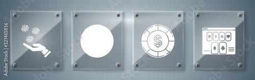 Set Online poker table game, Casino chip with dollar symbol, Casino roulette wheel and Hand holding casino chips. Square glass panels. Vector