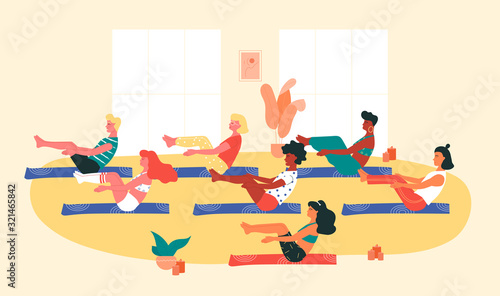 Group of people of different race doing navasana or boat yoga pose during yoga session. Yoga, stretching, pilates instructor. Physical activity as a way to relieve stress. Physical and mental health.