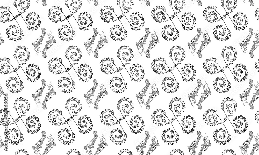 Black and white seamless pattern for the zodiac sign Pisces from doodles hand-drawn. Pairs of fish of the catfish family and astrological symbols. Fabric, textile, wallpaper, horoscope design. Vector. Black and white seamless pattern for the zodiac sign Pisces from doodles hand-drawn. Pairs of fish of the catfish family and astrological symbols. Fabric, textile, wallpaper, horoscope design. Vector.