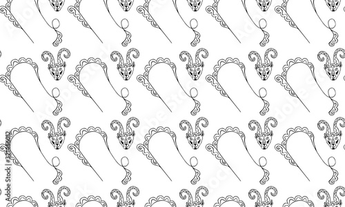 Seamless black and white Capricornus zodiac sign symbols. Goat ornamental head and astrological emblem. Monochrome texture for textile, wallpaper, fabric and wrapping paper. Vector.