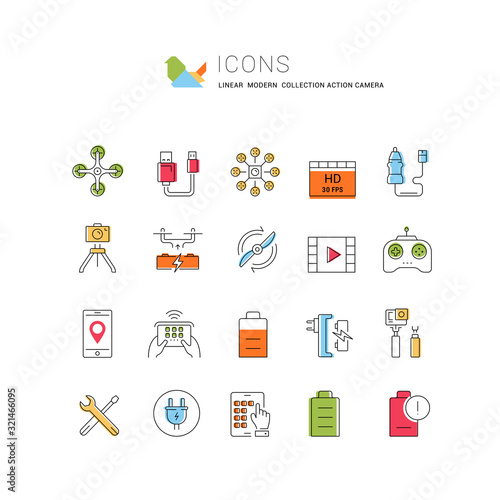 Set Vector Flat Line Icons Action Camera