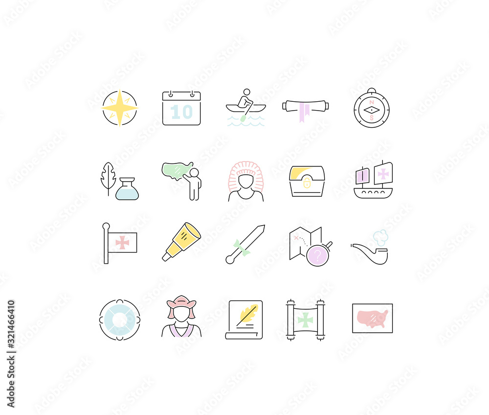Set Vector Line Icons of Columbus Day Set Vector Line Icons of Columbus Day