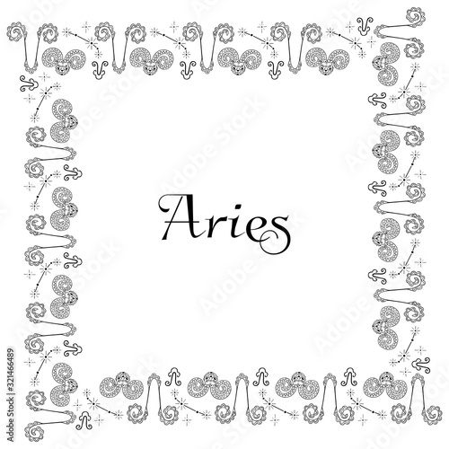 A square isolated black and white zodiac frame with the inscription Aries in the center. Isolated hand drawing of doodles. Black outlines. For astrological banner, postcard, poster, flyer, etc. Vector