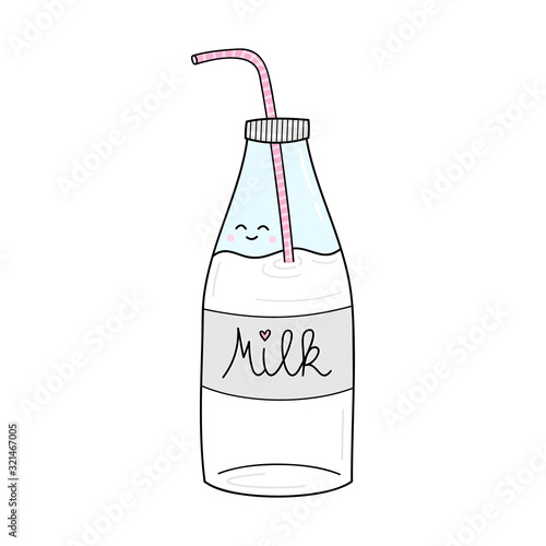 Milk in glass bottle vector illustration. Hand drawn cute milk with striped straw graphic. Isolated.