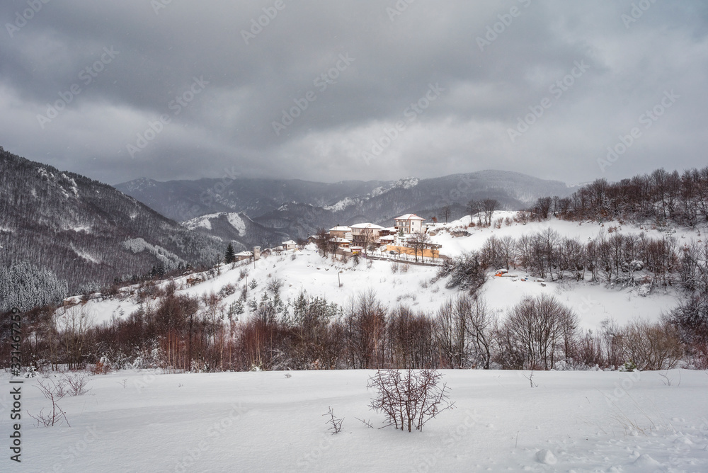 Vrata village, Rhodope mountain, Bulgaria. Night Winter snowy landscape Vrata village, Rhodope mountain, Bulgaria. Night Winter snowy landscape