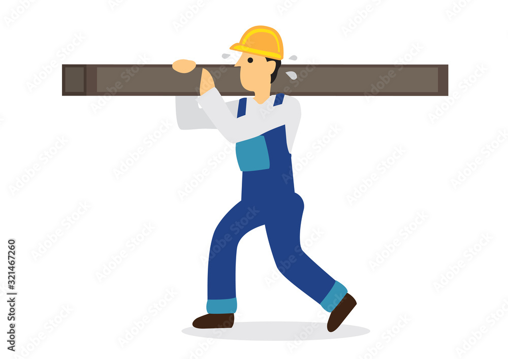 Obraz premium Construction worker carry heavy steel bar. Concept of hard work. Flat isolated vector illustration.