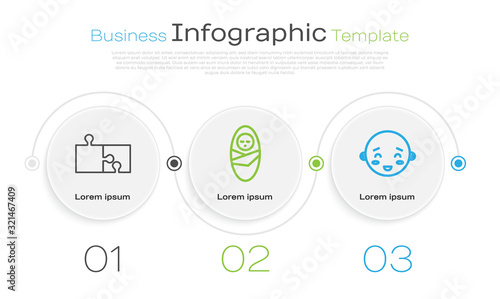 Set line Piece of puzzle, Newborn baby infant swaddled and Happy little boy head. Business infographic template. Vector