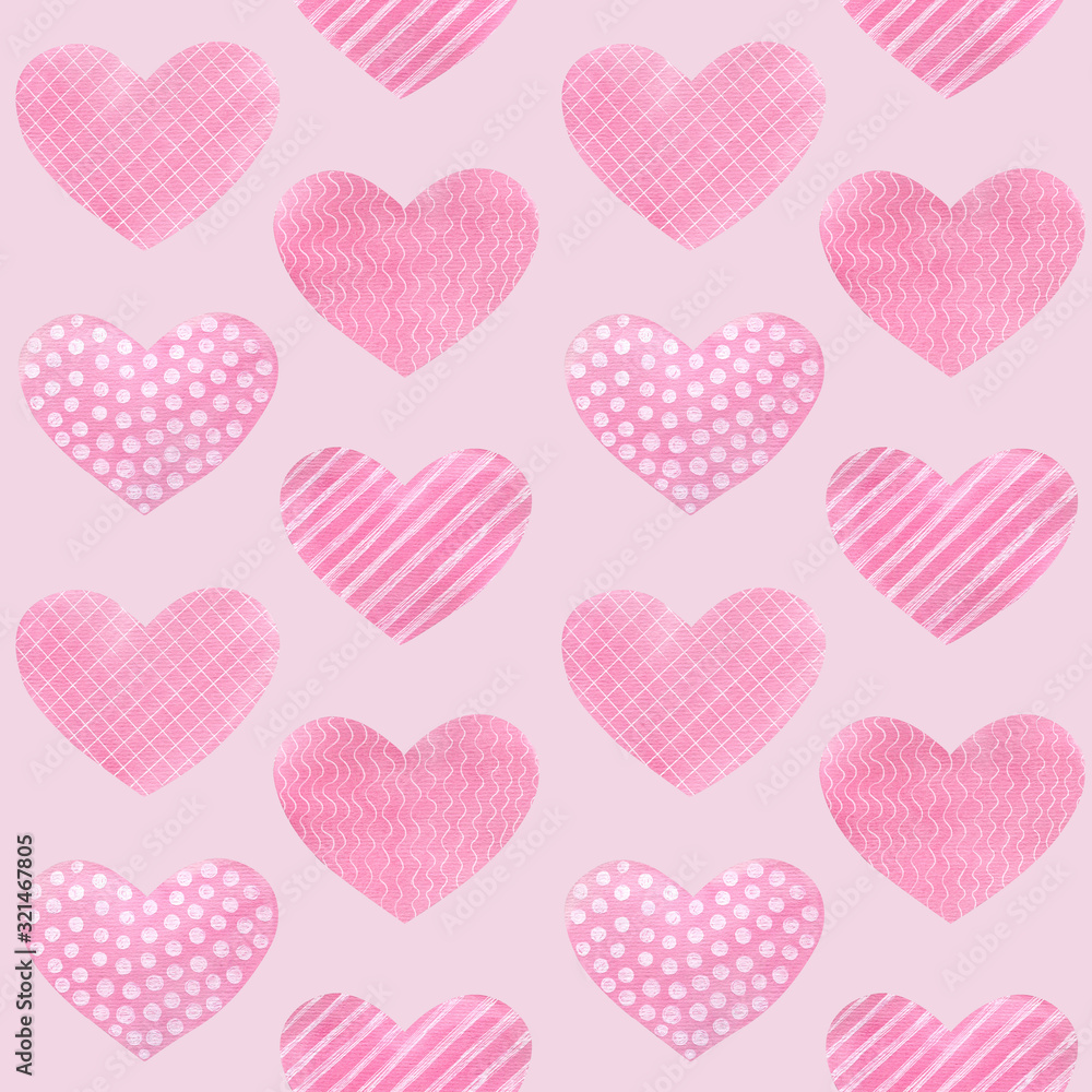 Watercolor pattern with rose hearts with white ornament. Hand drawn. Good for card, poster, print, fabric, wrapping paper design