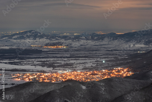 Topolovo village, Rhodope mountain, Bulgaria. Night Winter snowy landscape