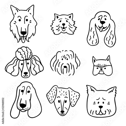 Set of illustrations cute funny dog faces in the doodle style