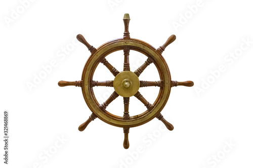 Quadro su tela vintage wooden marine steering wheel isolated on white background