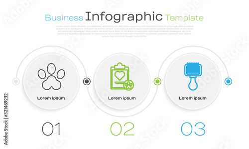 Set line Paw print, Clipboard with medical clinical record pet and Hair brush for dog and cat. Business infographic template. Vector