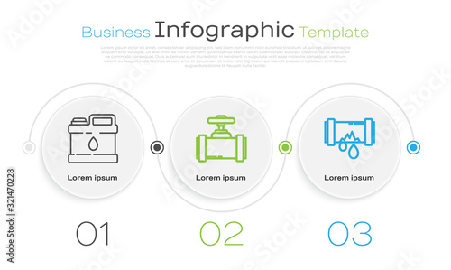 Set line Canister for motor machine oil, Industry metallic pipes and valve and Broken metal pipe with leaking water. Business infographic template. Vector