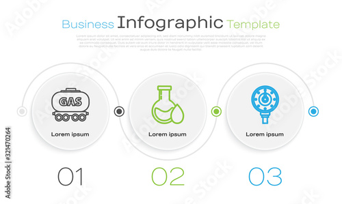 Set line Gas railway cistern, Oil petrol test tube and Motor gas gauge. Business infographic template. Vector