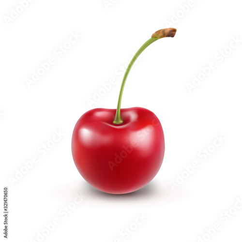 Cherry isolated on white background. Sweet 3d red berry icon. Vector realistic food element..