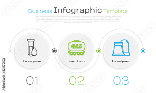 Set line Oil petrol test tube, Gas railway cistern and Oil and gas industrial factory building. Business infographic template. Vector