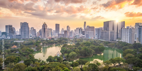 Downtown Bangkok city skyline with Lumpini park from top view in Thailand