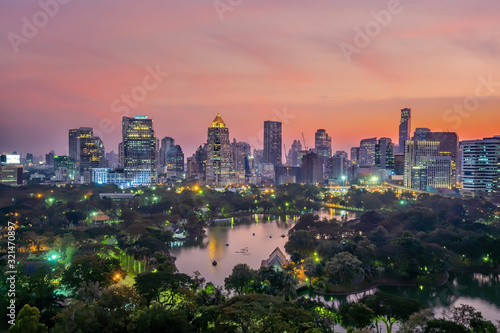 Downtown Bangkok city skyline with Lumpini park from top view in Thailand