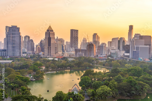 Downtown Bangkok city skyline with Lumpini park from top view in Thailand © f11photo