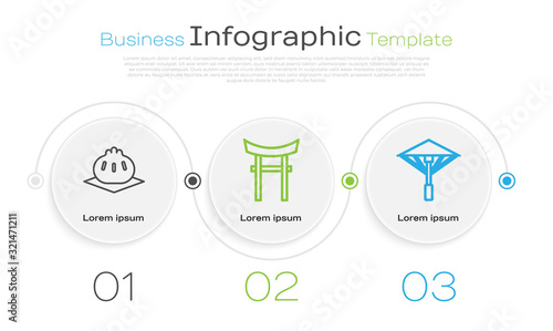 Set line Khinkali on cutting board, Japan Gate and Japanese umbrella from the sun. Business infographic template. Vector