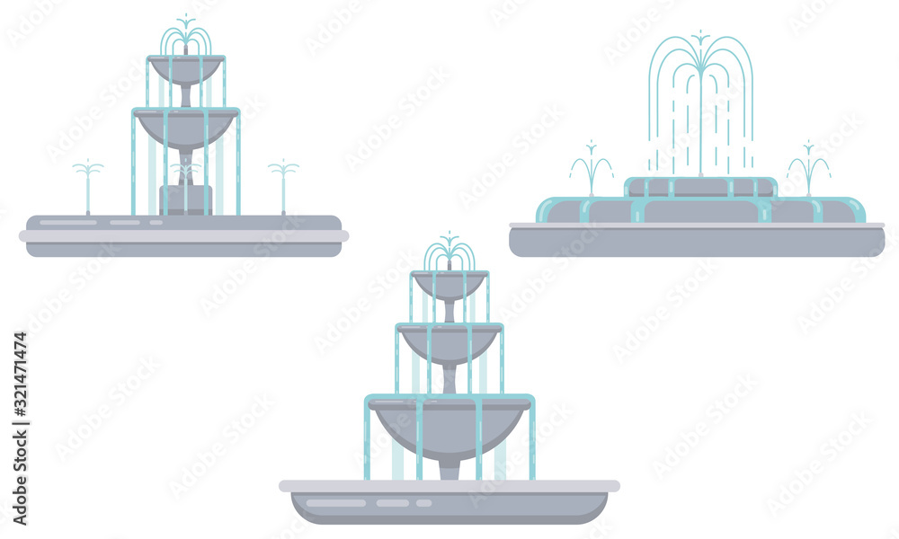 Flat vector illustration of fountain with bowls, cascade and water splash. Element for city, town illustration. Isolated on white background
