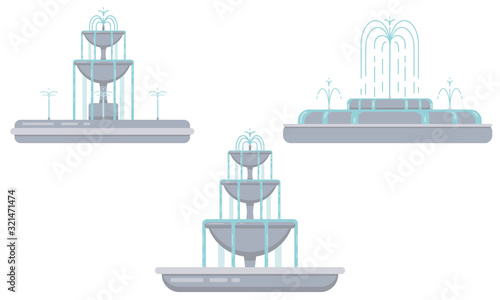 Flat vector illustration of fountain with bowls, cascade and water splash. Element for city, town illustration. Isolated on white background