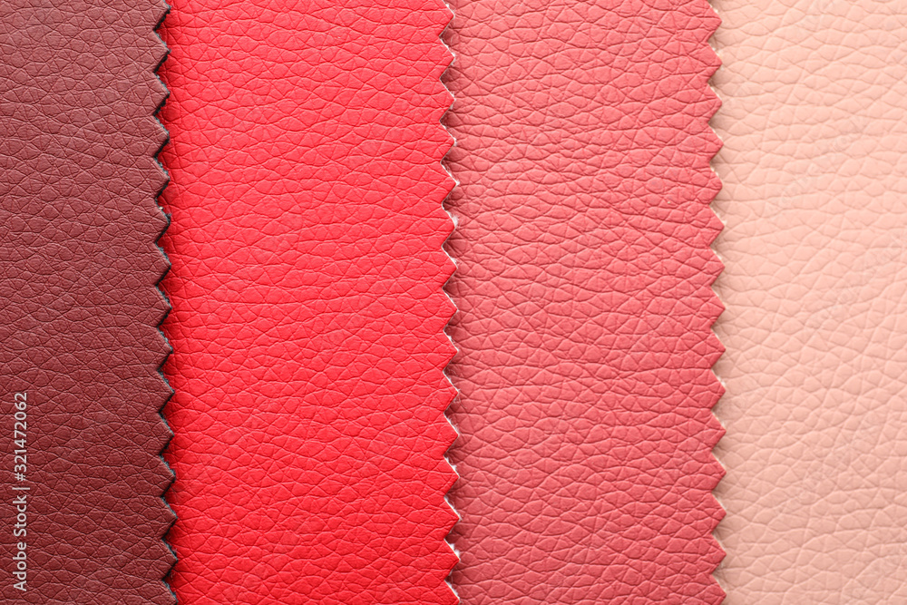 Fototapeta premium Leather samples of different colors for design as background, closeup