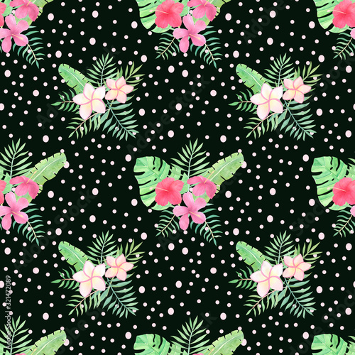 Tropical flowers seamless pattern on black background.Watercolor exotic flowers and leaves hand drawn background. Perfect for textile, fabric, covers. Hibiscus, palm leaves, monstera.