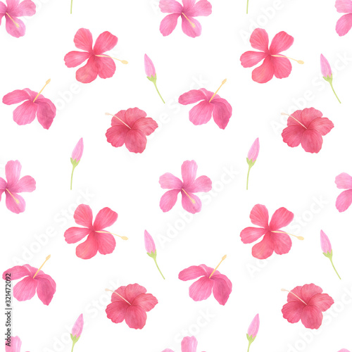 Hibiscus flowers seamless pattern on white background. Watercolor tropical flowers hand drawn background. Perfect for woman textile, kids fabric, covers. Spring, summer season. Exotic flowers.