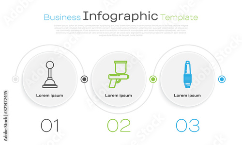 Set line Gear shifter, Paint spray gun and Car spark plug. Business infographic template. Vector