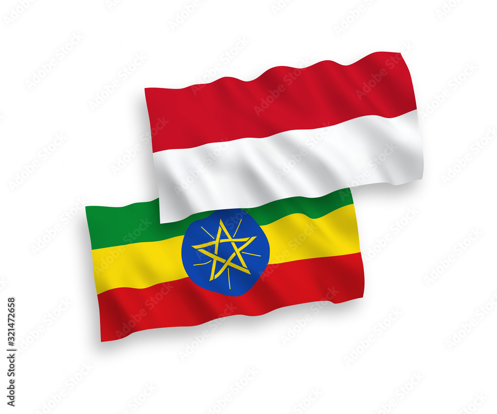 National vector fabric wave flags of Indonesia and Ethiopia isolated on white background. 1 to 2 proportion. National vector fabric wave flags of Indonesia and Ethiopia isolated on white background. 1 to 2 proportion.