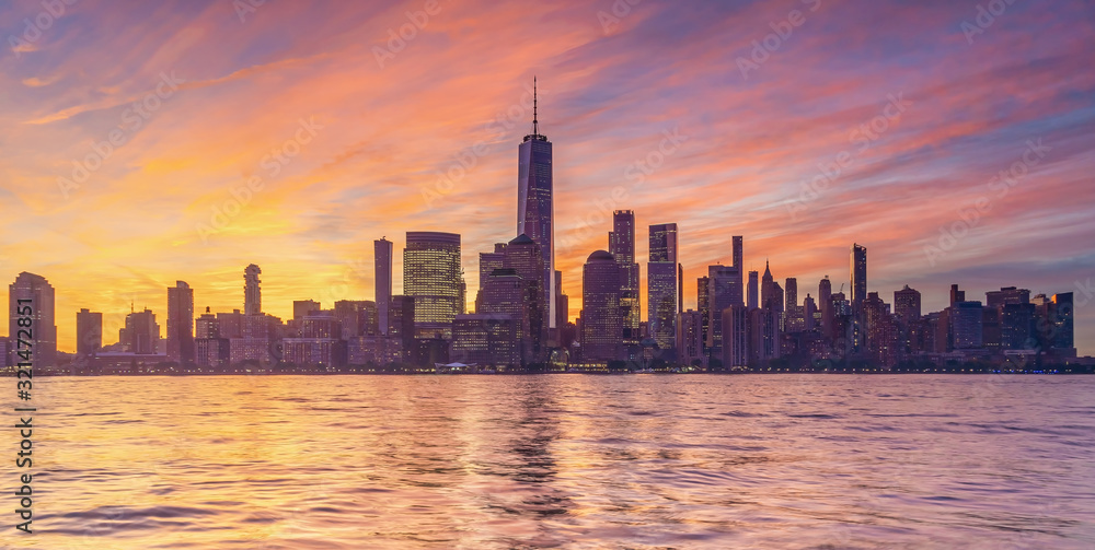 New York City downtown skyline at sunset - beautiful cityscape