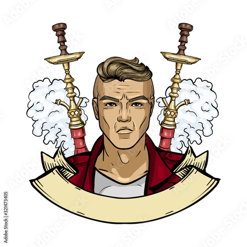 Sketch poster of hipster man with hookah