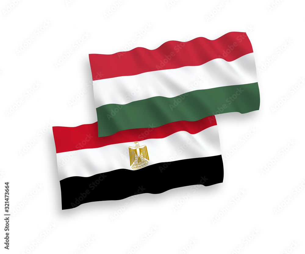 National vector fabric wave flags of Egypt and Hungary isolated on white background. 1 to 2 proportion.