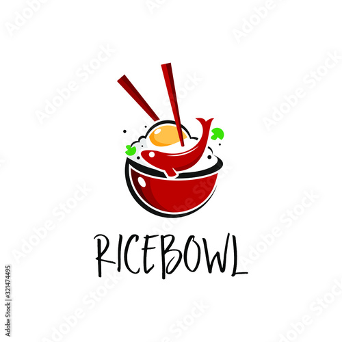 rice bowl logo healthy food modern design template. icon with chopstick, fish and fried egg vector for restaurant industry