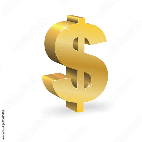 Dollar sign made of gold, in the style of 3D, isolated, volumetric. Vector illustration. Use as a symbol of earnings, wealth, currency exchange, exchange or banking. Clipart, editable.